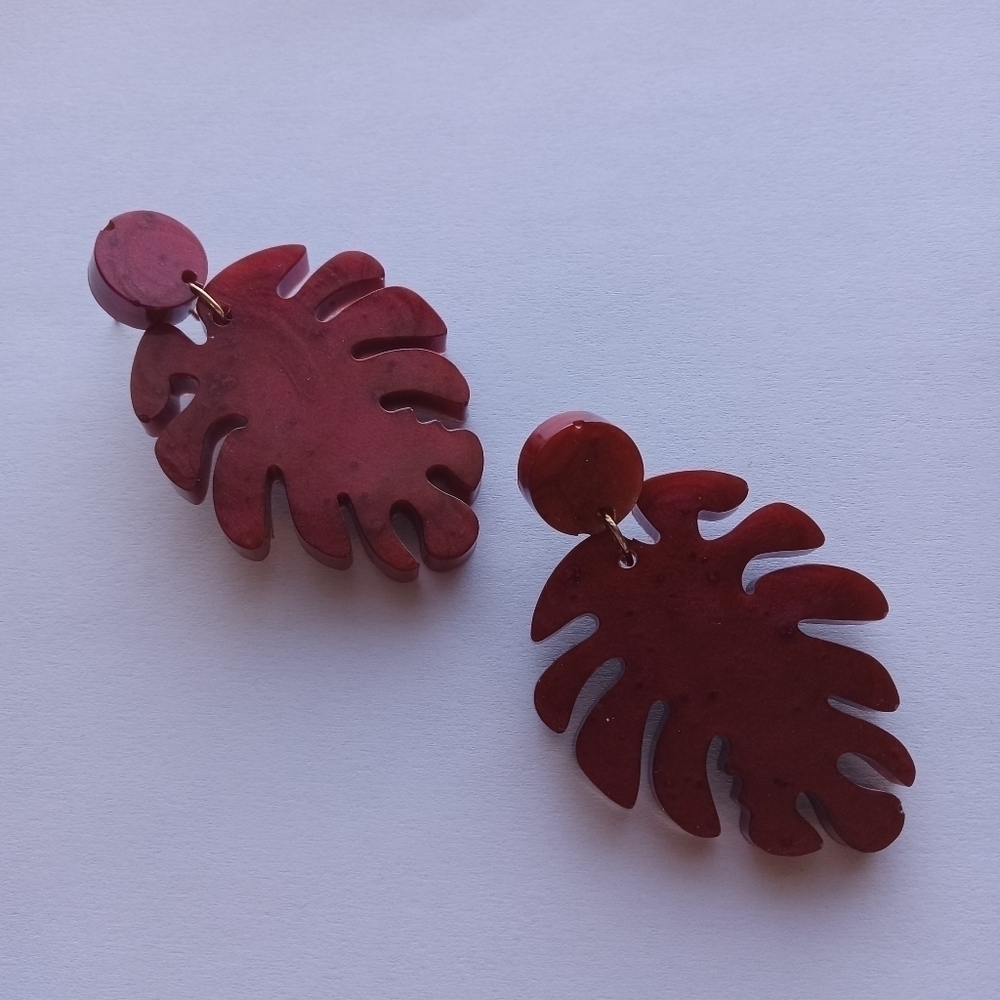 3/$45 Red resin leaf and stud handcrafted earrings holiday fall Christmas boho - Picture 3 of 4
